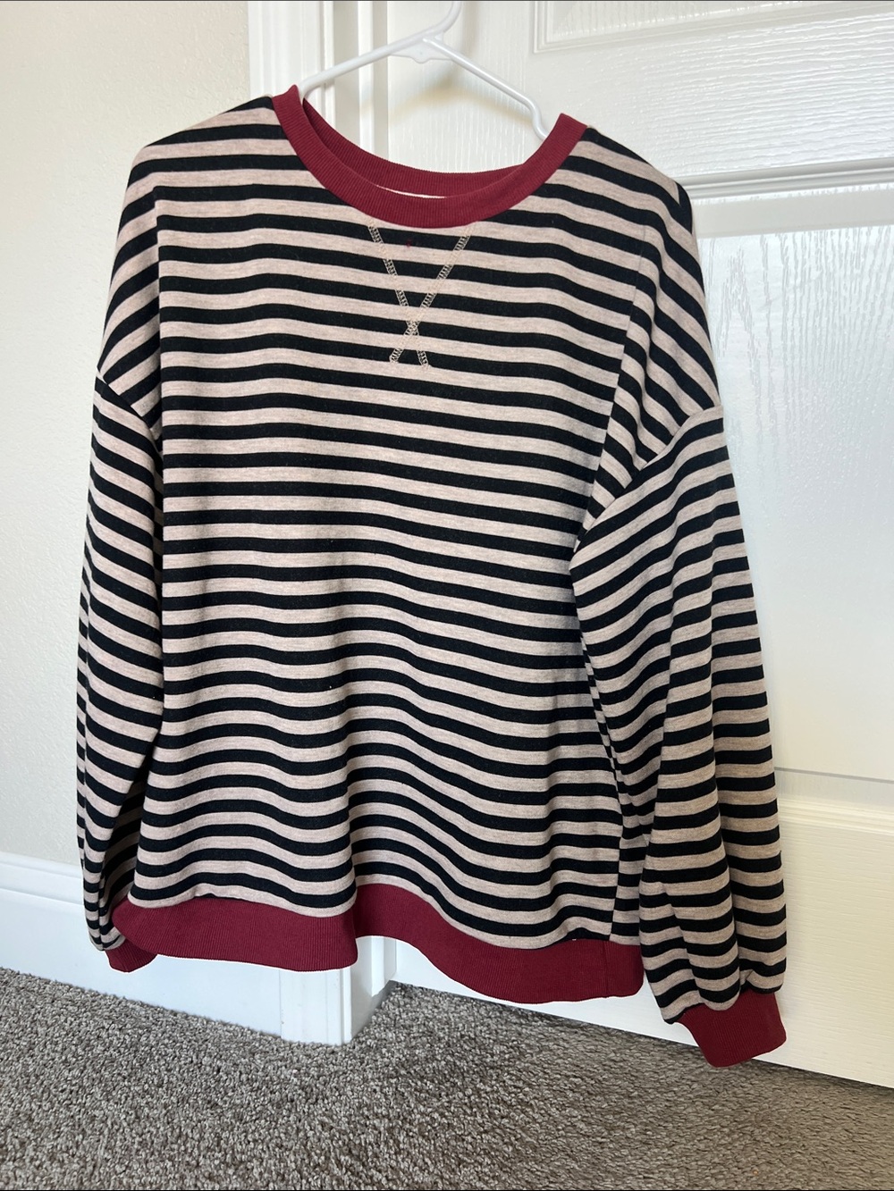 Striped Crewneck Sweater with Burgundy Trim